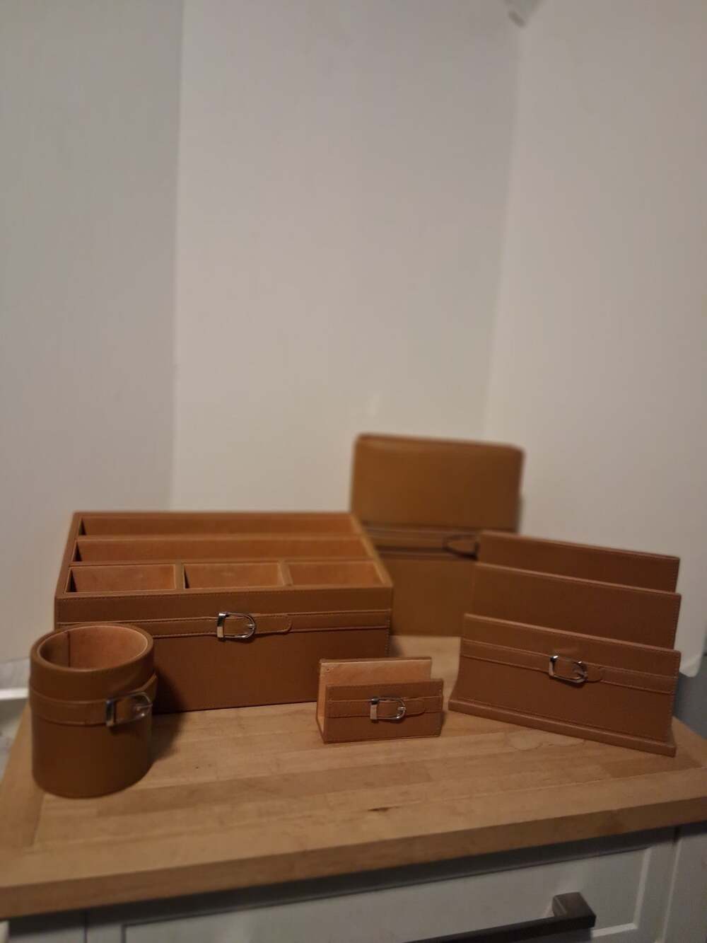 RARE leather FrANklin COVEY desk Set File Organizer Planner Calender Tan Lot WOW